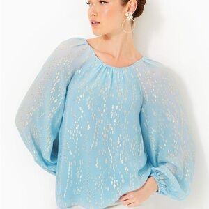 Lilly Pulitzer Noraleen Silk Blue Blouse with Gold Detail